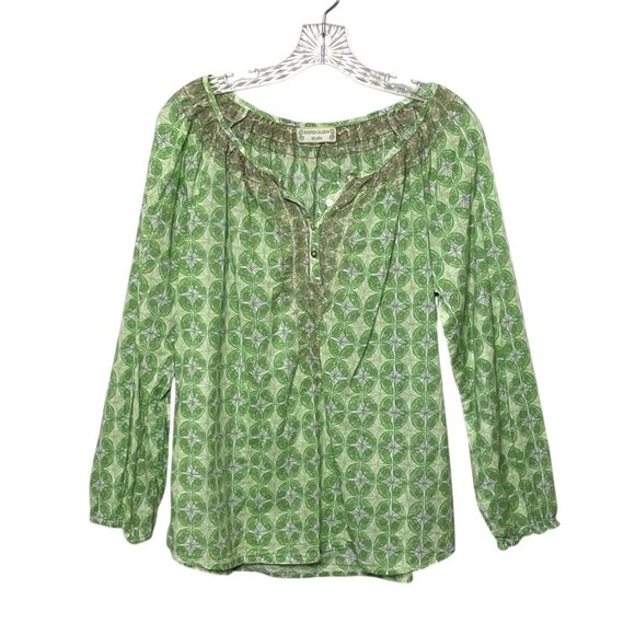 Sigrid Olsen Studio Green Abstract Print Blouse Embroidered Women's Sz L Cotton - Picture 8 of 8